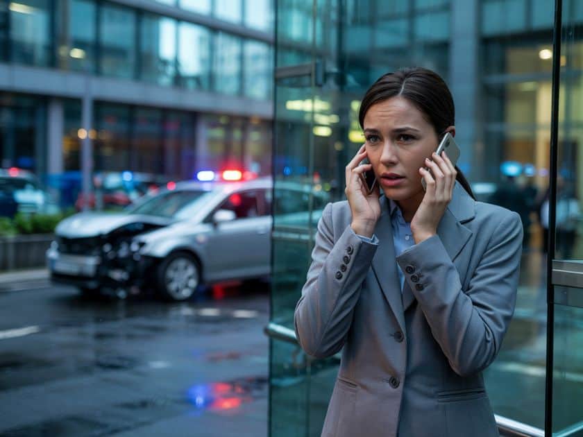 woman on the phone with car accident in the background