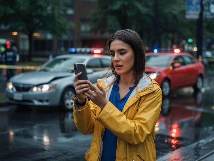 a woman taking a photo of car accident scene to preserve evidence