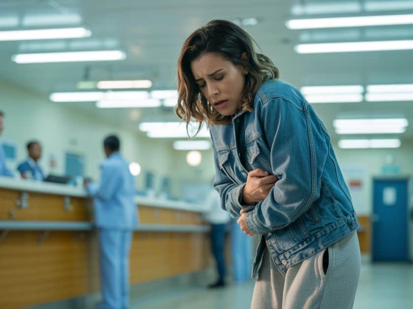 a woman holding her stomach in the ER room