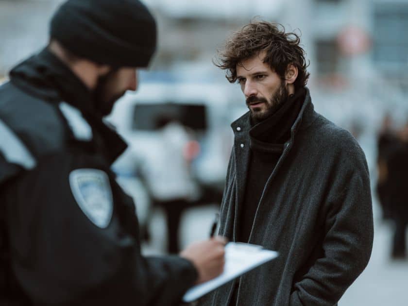 male talking to police officer after a car accident
