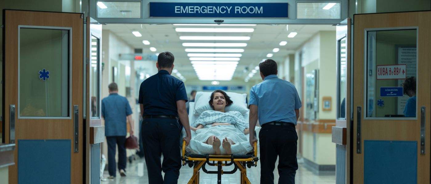 a woman being taken to emergency room by paramedics