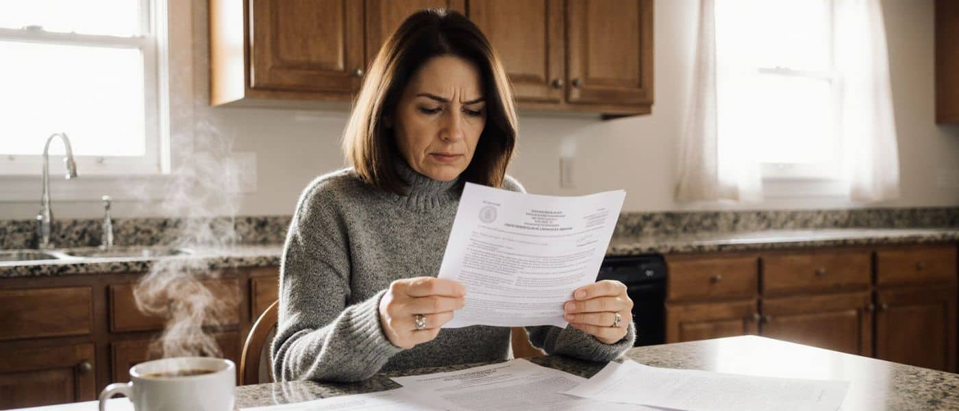 Woman in colorado reading a police report at kitchen table.