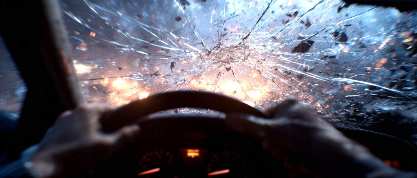 first person view of car crash