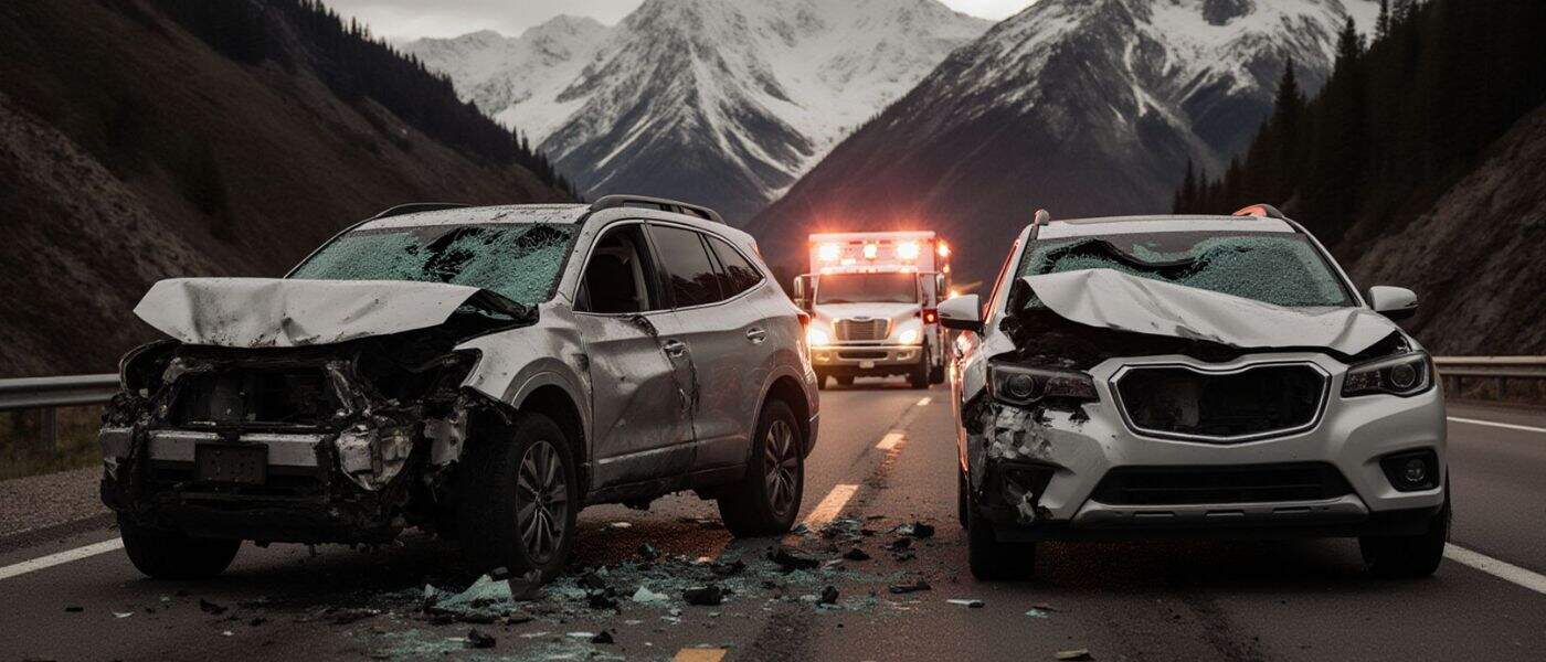 Two crashed cars, ambulance in background.
