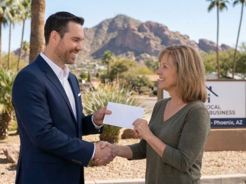 Brendan McQuaid delivering a check to a car accident client in Phoenix, AZ