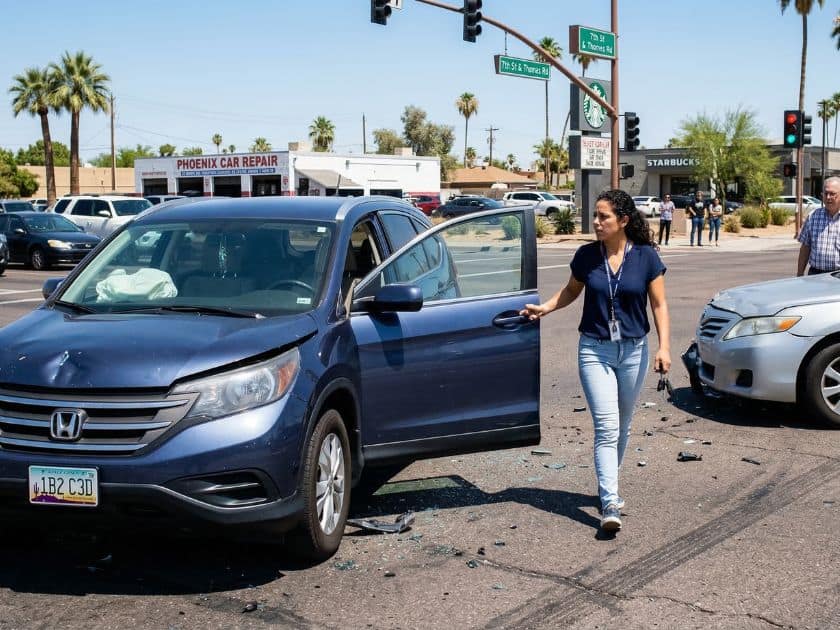 A woman gettting out of car after a car accident in Phoenix Arizona