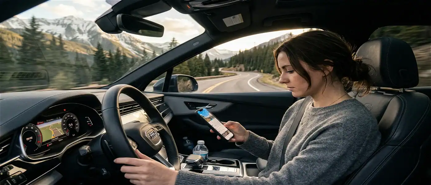 distracted driver in colorado highway looking at her phone.