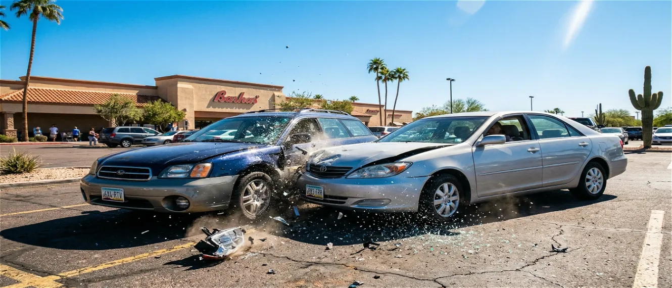 two cars involved in a car accident in a phoenix parking lot.