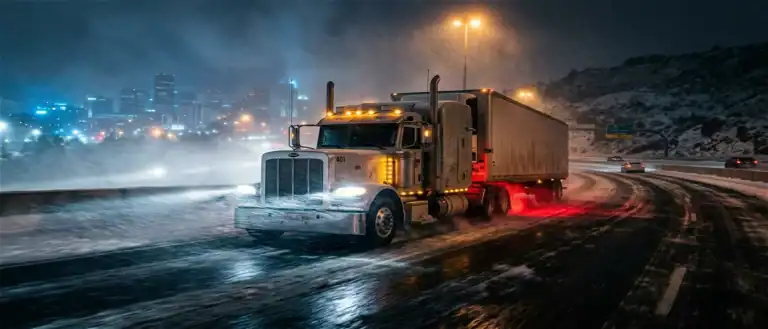 Snowy highway with illuminated semi-truck