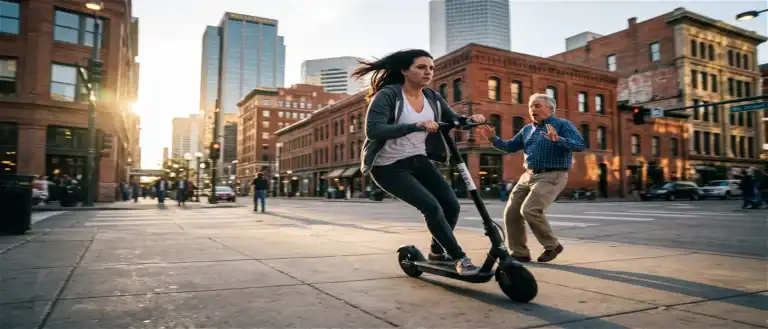a woman driving scooter in denver sidewalk