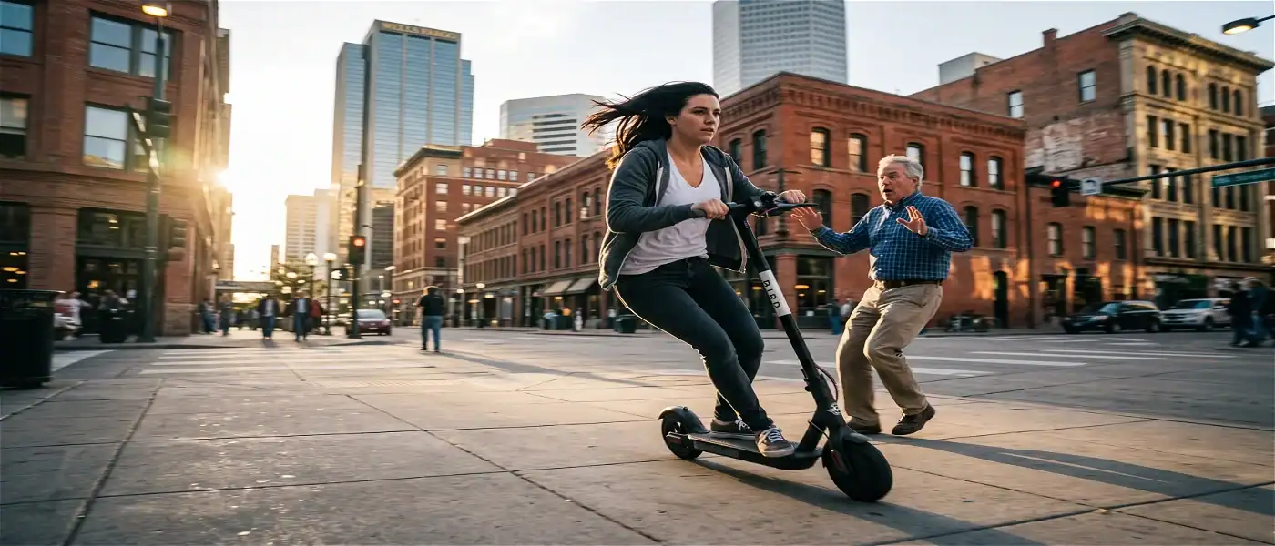 a woman driving scooter in denver sidewalk