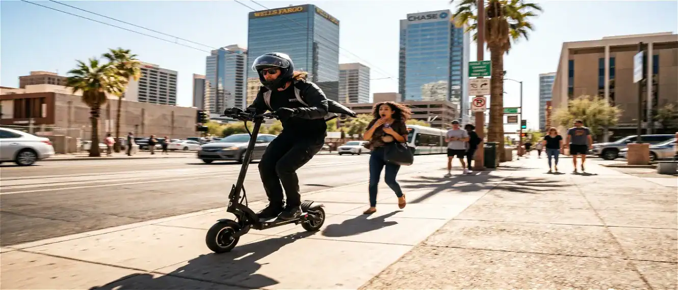 a man riding afast electric scooter phoenix sidewalk