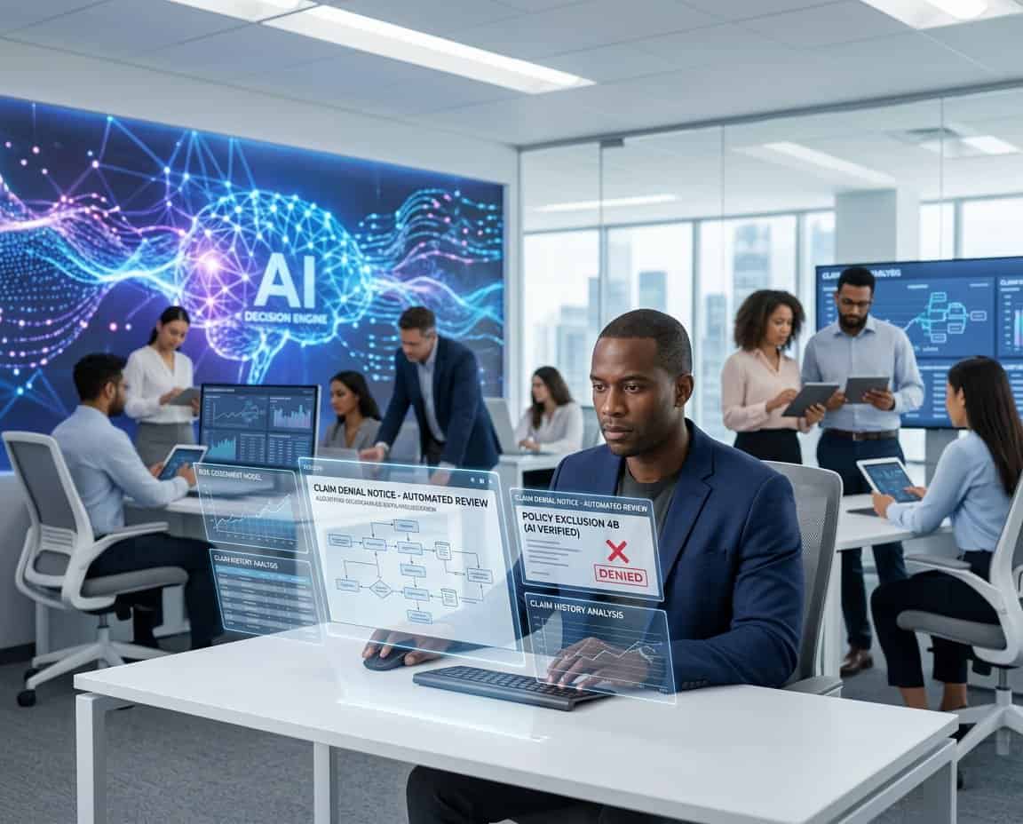 Insurance agent reviewing digital data on holographic screens with AI interface in a modern office.