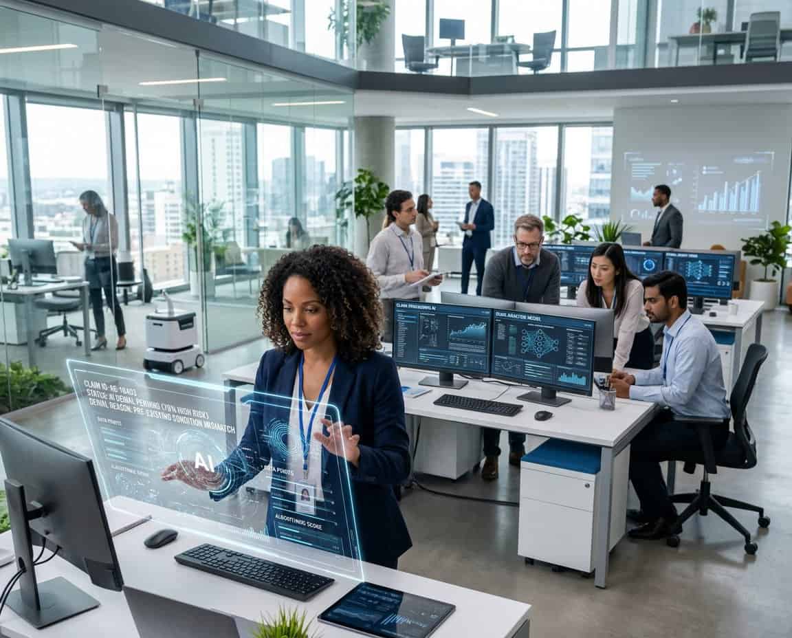 A group of professionals working with AI technology and computer screens in a modern office setting related to insurance claim processing.