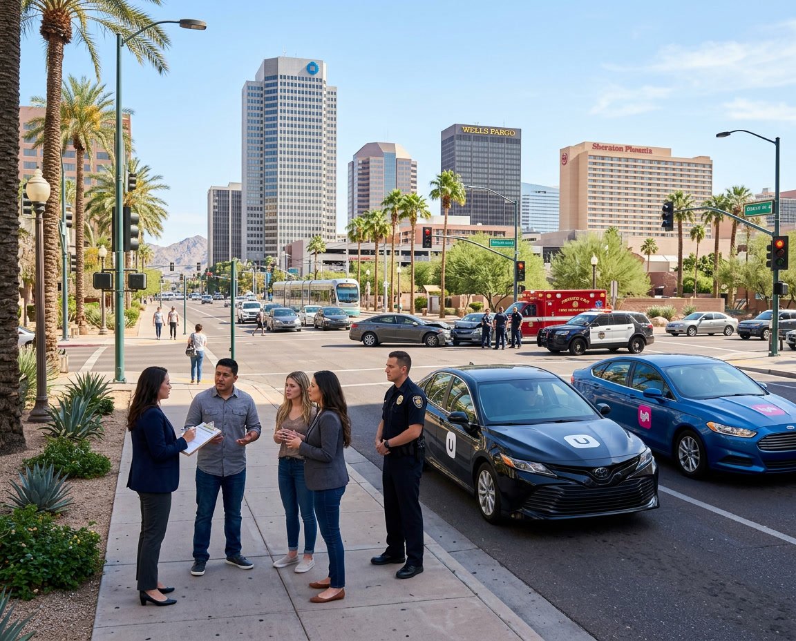 A busy Phoenix street with an Uber and Lyft car stopped near a minor accident, people talking to an insurance agent, and emergency responders nearby.