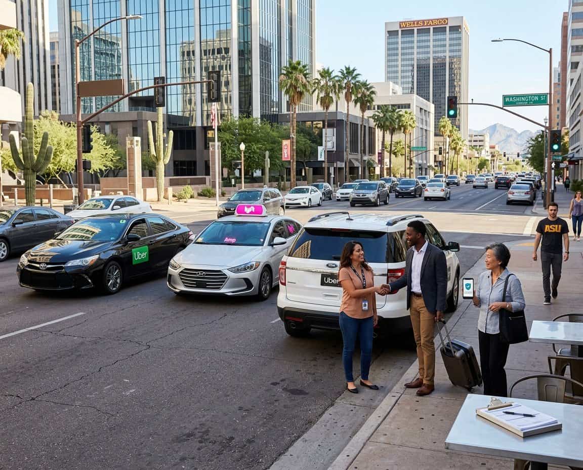 A busy Phoenix street with Uber and Lyft cars, a driver and passenger interacting near a vehicle, with desert plants and city buildings in the background.