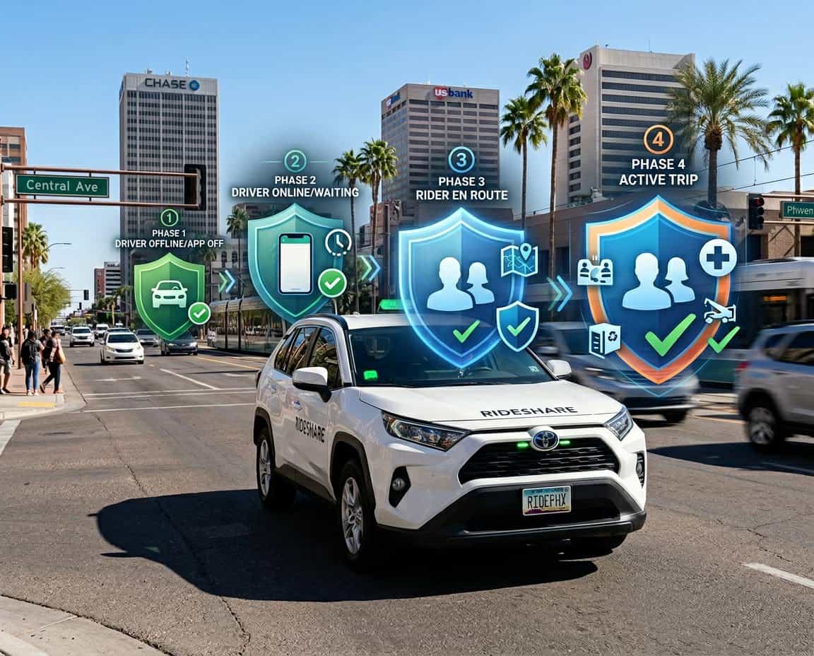 A rideshare car on a city street in Phoenix with layered icons representing different phases of insurance coverage.