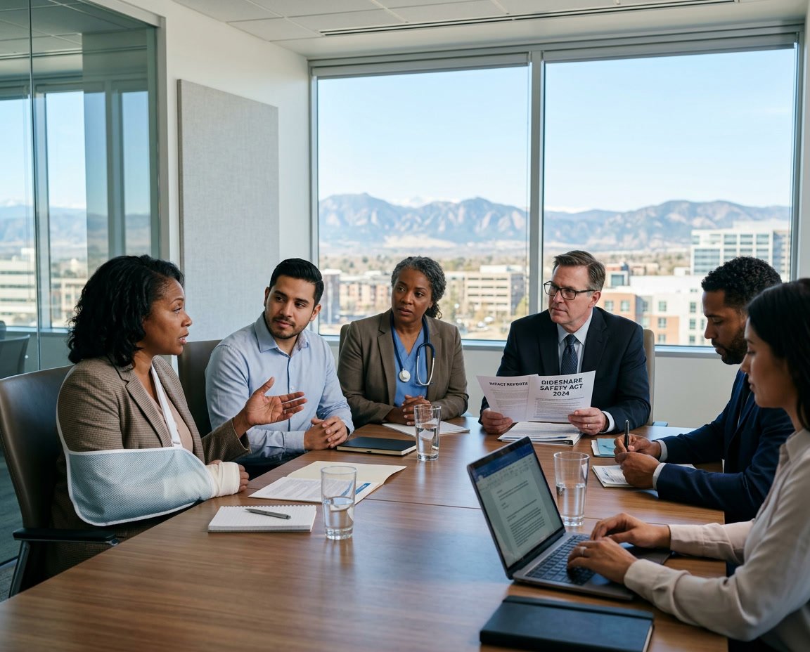 A group of people including an injured woman with an arm sling, a rideshare driver, a lawyer, and a healthcare professional discussing in a conference room with a view of Colorado mountains.
