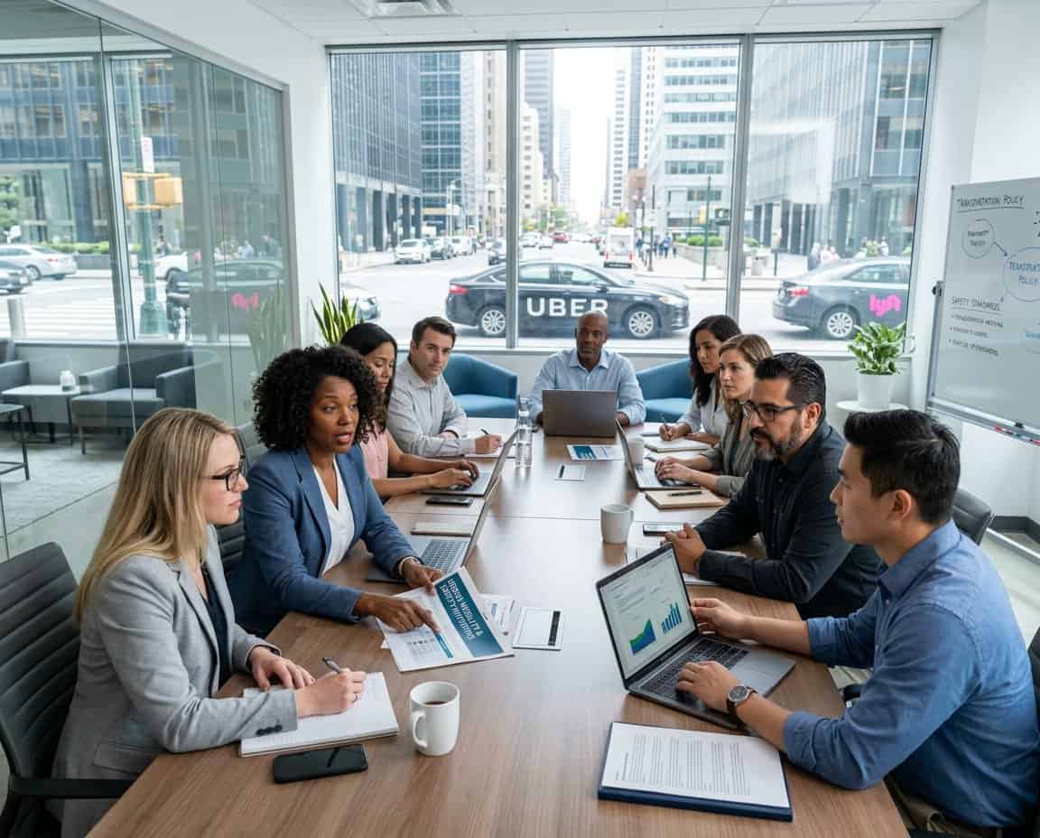 A diverse group of people having a serious discussion around a conference table with laptops and documents, with city buildings and rideshare cars visible through a window in the background.