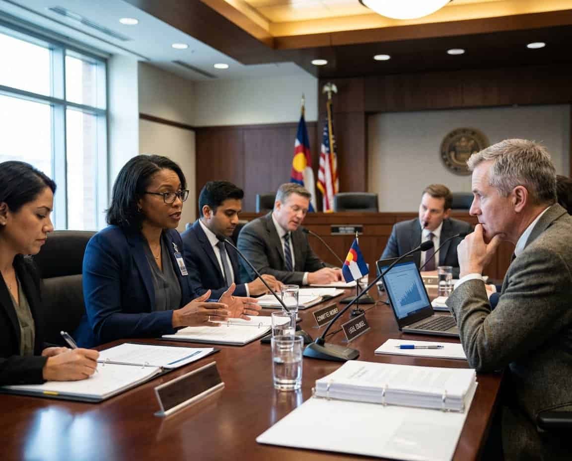 Lawmakers and legal experts in a conference room discussing a rideshare safety law with serious expressions.