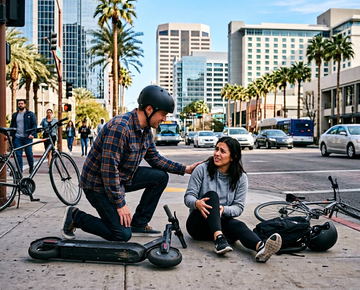 A person helping another who has fallen off an electric scooter on a city sidewalk in Phoenix, with buildings and palm trees in the background.