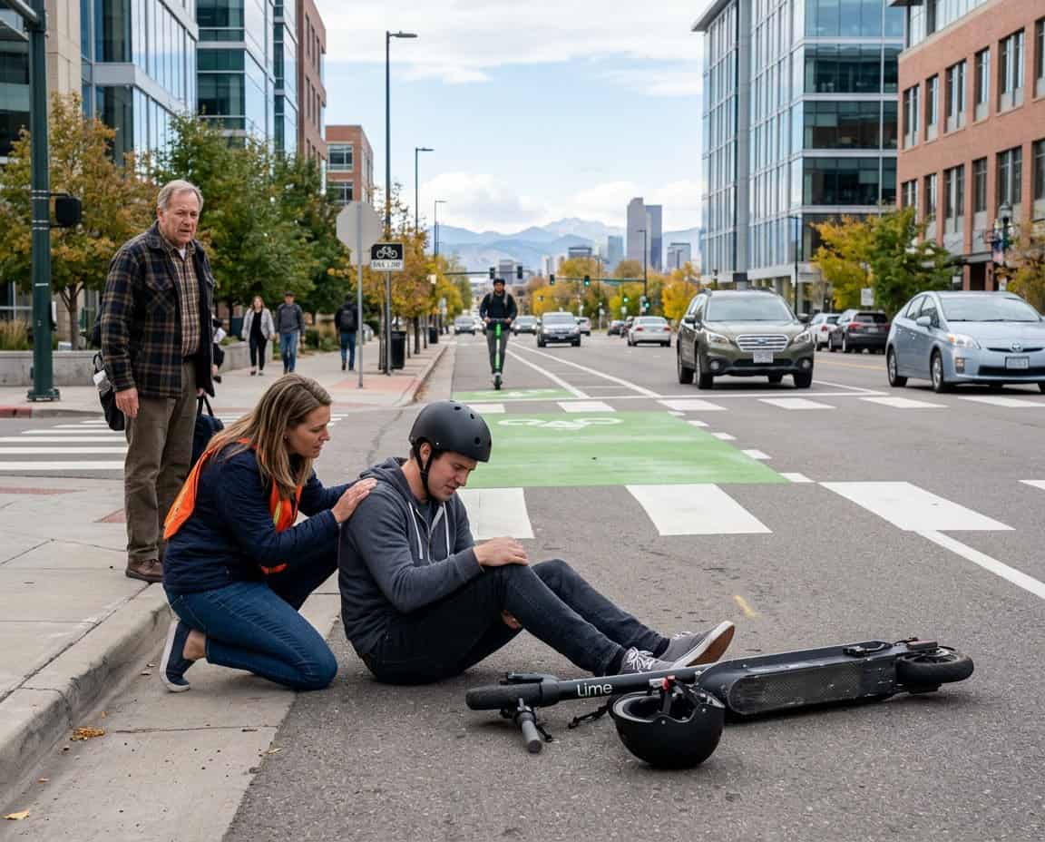 A person sitting on the ground next to a fallen electric scooter on a city street, receiving help from a bystander, with buildings and mountains in the background.