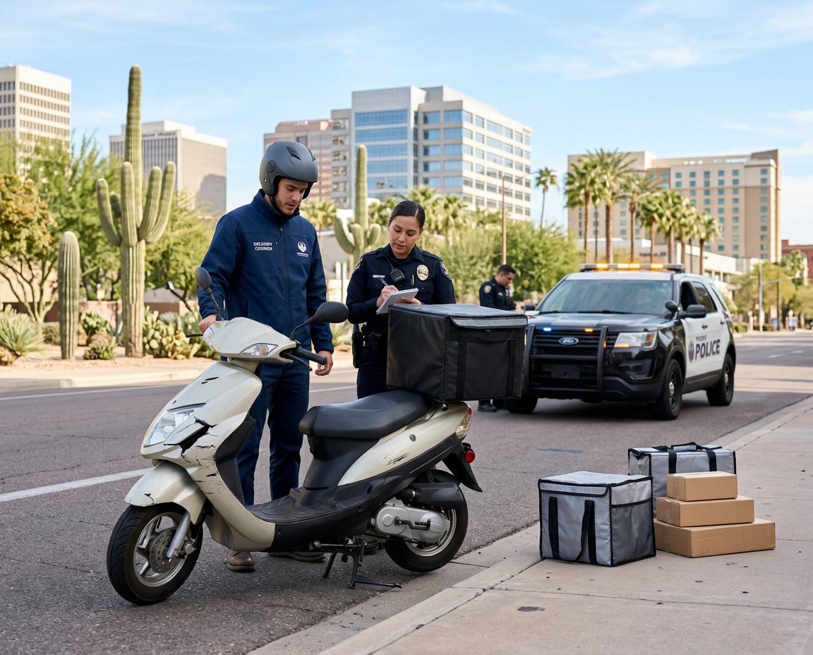 A delivery driver stands next to a damaged vehicle in a city street with emergency responders nearby and desert plants in the background.