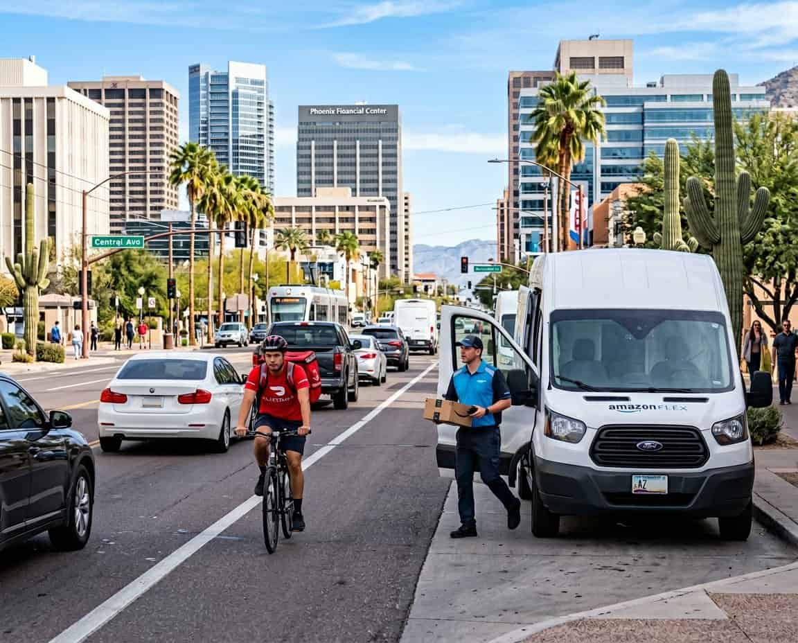 Delivery drivers from DoorDash, Amazon Flex, and Instacart navigating a busy street in Phoenix with city buildings and desert plants in the background.