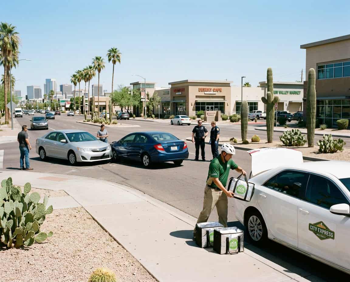 A delivery driver stands next to a delivery vehicle on a city street in Phoenix, with two parked cars nearby showing minor damage while bystanders watch.