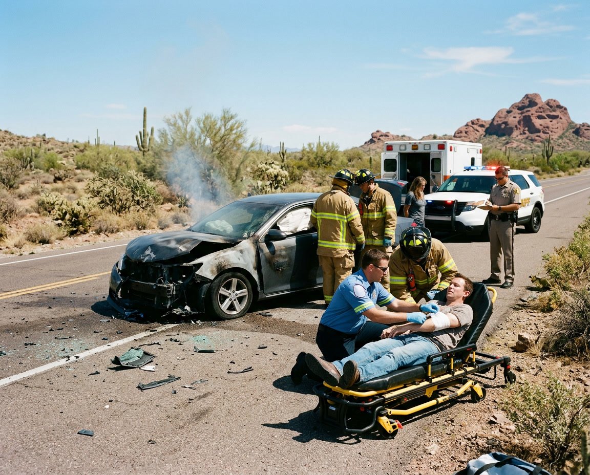 Emergency responders treating a burn injury victim near a damaged car in a desert area with red rock formations in the background.
