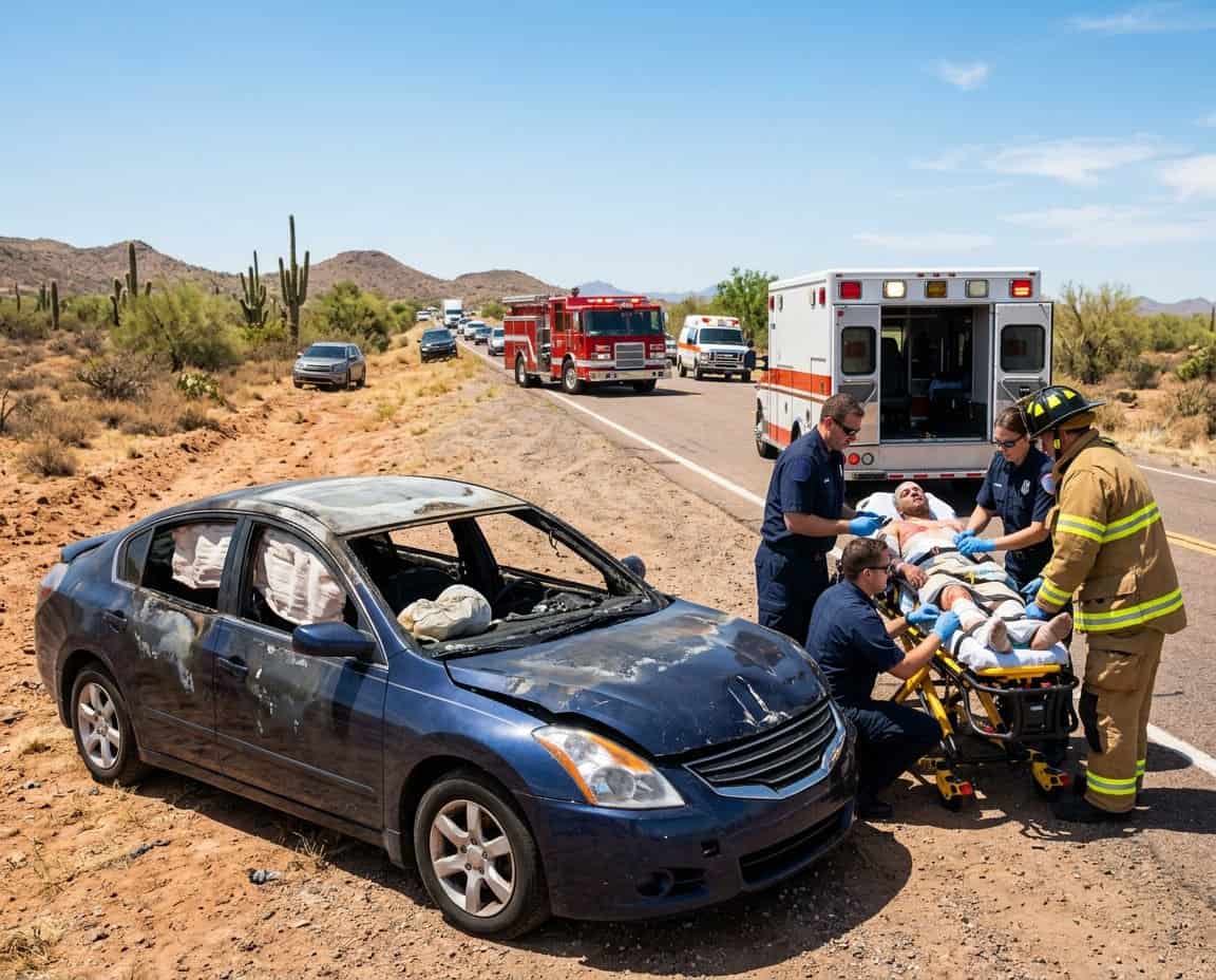 Emergency responders assist an injured person near a fire-damaged car in a desert setting with cacti.