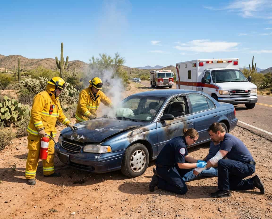 Emergency responders attend to a burned car accident scene in a desert area with cacti and clear sky.